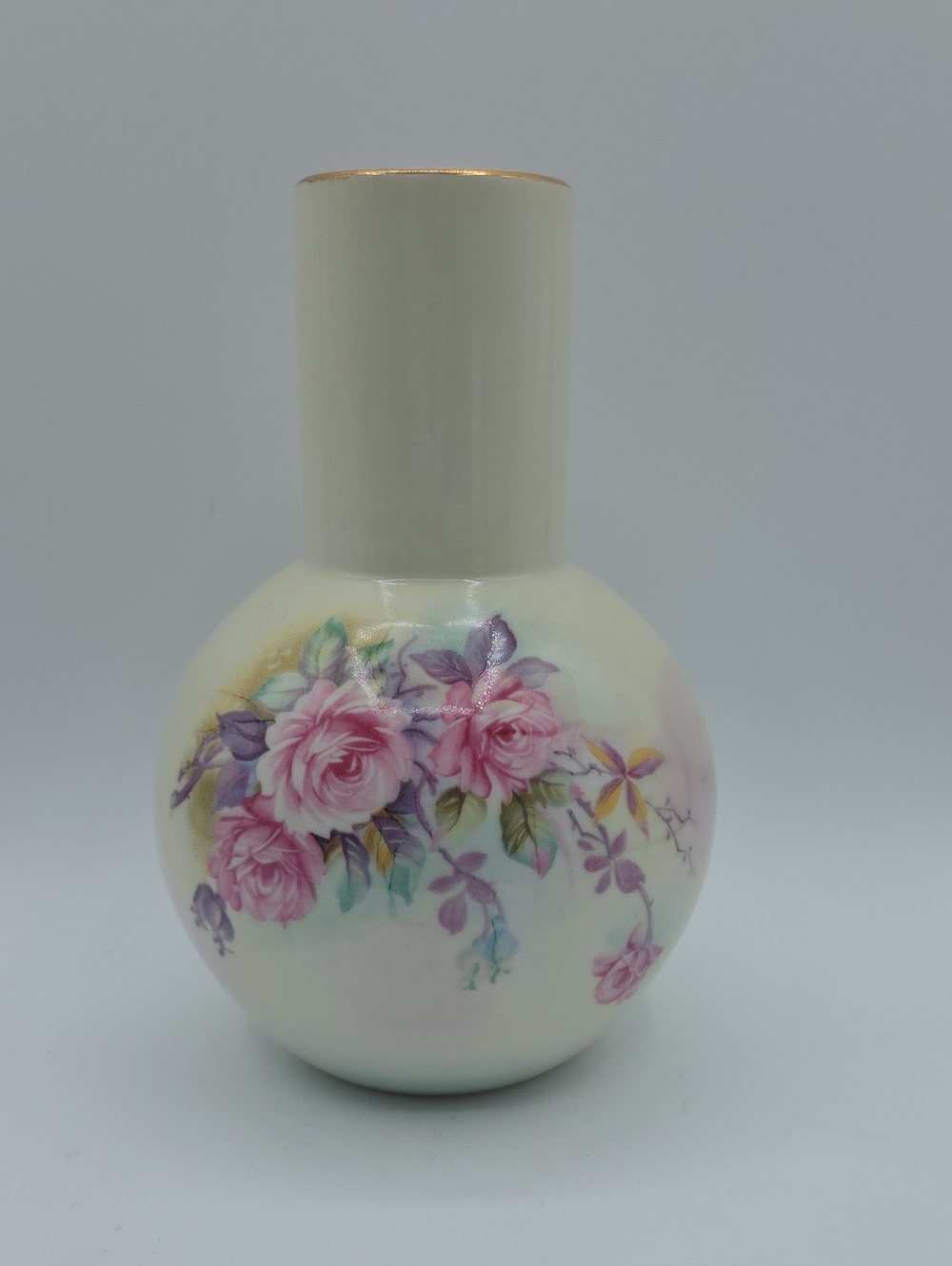 Cream Porcelain Vase with Pink Rose Motif and Gold Rim